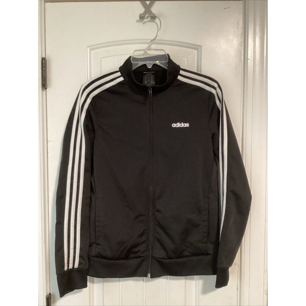 ADIDAS BLACK ATHLETIC JACKET WITH‎ WHITE TRIM ZIP FRONT WOMENS M